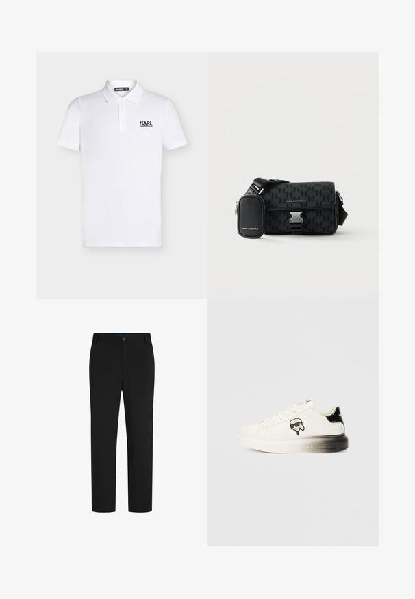 Polo blanc à manches courtes avec col et trois boutons, avec un logo noir "KARL LAGERFELD" sur la poitrine gauche.; Pantalons noirs à jambes droites avec fermeture à bouton et à zip, passants de ceinture, et sans poches visibles.; Baskets blanches avec une tige en cuir lisse, accents noirs au niveau du talon et un logo de dessin animé. Elles présentent une semelle épaisse et légèrement transparente.; Sac bandoulière noir Karl Lagerfeld avec motif pied-de-poule, boucle métallique et petite pochette zippée fixée sur une sangle d'épaule réglable.