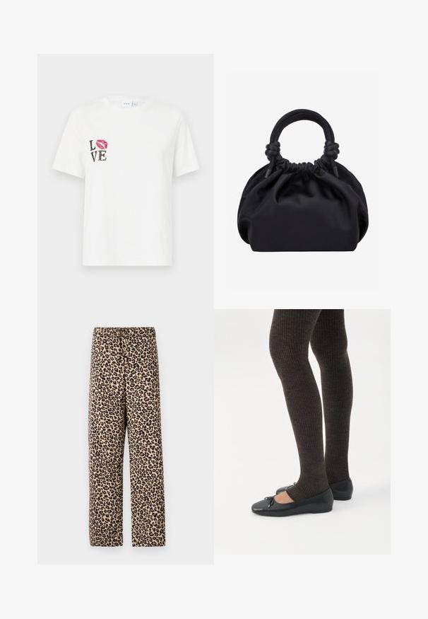 Hvid bomulds t-shirt med korte ærmer. Har "LOVE" tekst i sort og dyreprint samt et rødt læbeprint på venstre side.; Leopardmønstrede bukser med elastisk talje, letvægtsstof, lige ben design og en tan baggrund med mørkebrune pletter.; Ben iført mørke ribbede leggings kombineret med sorte balletsko med små sløjfedetaljer på hvid baggrund.; Sort blød stofhåndtaske med samlet top og cirkulære polstrede håndtag bundet med knuder på hver side.