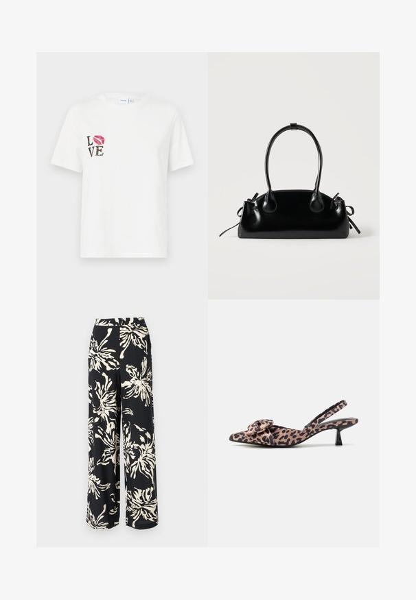 Hvid bomulds t-shirt med korte ærmer. Har "LOVE" tekst i sort og dyreprint samt et rødt læbeprint på venstre side.; Vide ben bukser i sort stof med et stort cremefarvet blomstermønster. Designet har en høj talje og en svævende silhuet.; Spidse slingback hæle i leopardprintet stof med en bue-accent, der har en lav sort hæl og glat tekstur.; Lille sort blank håndtaske med to lange håndtag og snøre-detaljer i siden på en ensfarvet lys baggrund.