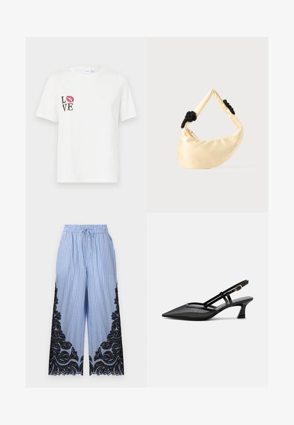 Hvid bomulds t-shirt med korte ærmer. Har "LOVE" tekst i sort og dyreprint samt et rødt læbeprint på venstre side.; Lyseblå vidde bukser med tynde lodrette striber, snoretræk i taljen og sort blomstret blondebroderi langs de nederste sider og kanten.; Sort spids tå slingback-sko med mesh-øverdel, tynde stropper, guldlås og lav buet hæl på hvid baggrund.; Skuldertaske i cremefarvet satin med to sorte flettede knuder på remmen og en synlig lynlåslukning.