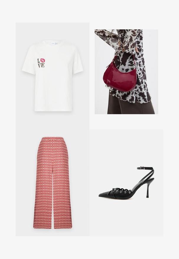 Hvid bomulds t-shirt med korte ærmer. Har "LOVE" tekst i sort og dyreprint samt et rødt læbeprint på venstre side.; Røde mønstrede culottes med diamantdesign, elastisk talje og vid benlængde for komfort og bevægelsesfrihed.; Sort spids hæl med bølgede kanter, metaløjer, snørelukning foran og ankelrem med spænde.; Kvinde iført en sort- og hvidmønstret bluse, der holder en blank rød skuldertaske mod en ensfarvet baggrund.
