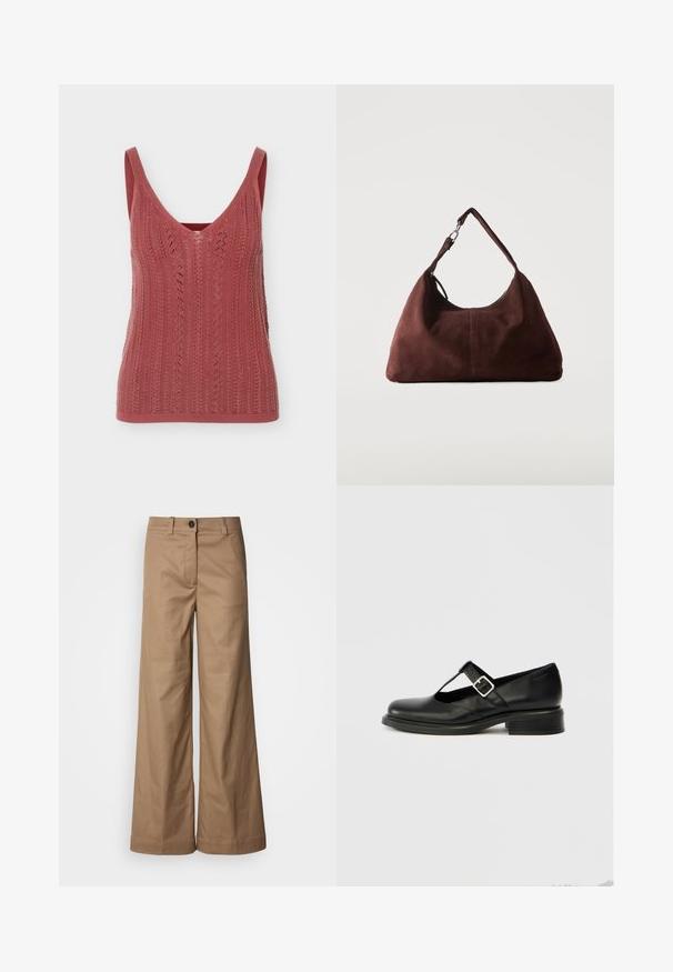 Débardeur tricoté sans manches en rose poudré avec un col en V et des détails ajourés verticaux à motif.; Pantalons à jambes larges en tissu lisse et beige. Dotés d'une fermeture à bouton sur le devant, de passants de ceinture et de poches latérales. Lignes épurées sans motifs visibles.; Chaussure Mary Jane en cuir noir avec un bout rond, un design à bride en T, une boucle réglable et un petit talon empilé. Texture lisse avec peu de détails.; Sac bandoulière en daim marron doux avec une seule lanière et des accessoires métalliques argentés sur un fond clair uni.