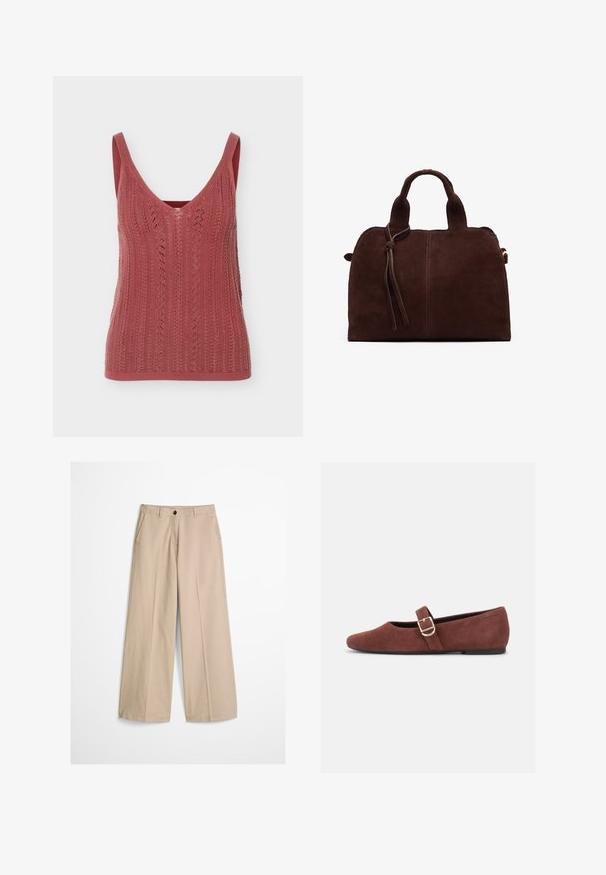 Débardeur tricoté sans manches en rose poudré avec un col en V et des détails ajourés verticaux à motif.; Pantalon beige à jambes larges avec pli frontal, passants pour ceinture, fermeture par bouton et une petite étiquette en tissu sur le côté droit de la ceinture.; Chaussure plate Mary Jane en suède marron avec une bride à boucle dorée et une semelle noire sur fond blanc.; Sac à main en daim marron avec deux poignées supérieures, un détail de nœud à l'avant et une couture contrastante. Texture douce et forme structurée.