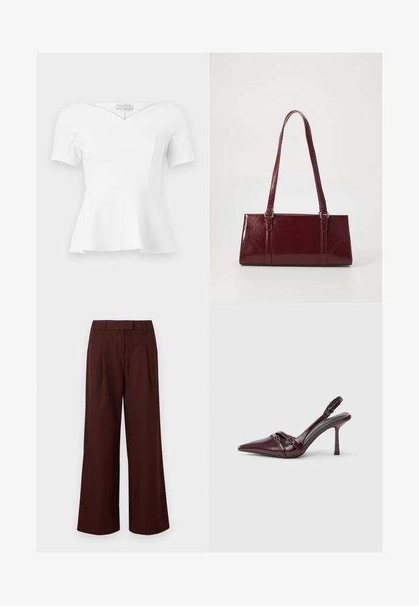 Haut blanc à manches courtes avec basque, encolure en cœur et taille cintrée, étiquette "Anna Field" visible à l'intérieur du col.; Pantalon à jambes larges et taille haute de couleur marron foncé, avec passants de ceinture et plis sur le devant, présenté sur un fond blanc uni.; Escarpin slingback en cuir verni bordeaux avec bout pointu, fine bride à la cheville et petit détail décoratif de boucle. Texture lisse et talon haut.; Sac à main bordeaux en matériau brillant, de forme rectangulaire, avec deux anses et des accents légèrement courbés à l'avant.