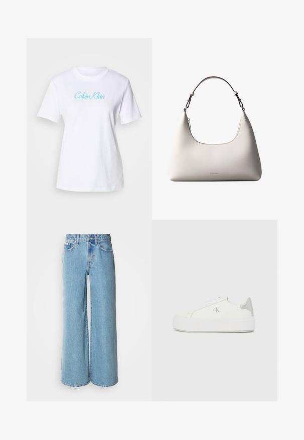 Witte katoenen T-shirt met korte mouwen en een ronde halslijn, met een lichtblauw "Calvin Klein" logo over de borst.; Lichtblauwe wijde jeans van denim, met een hoge taille, vijf pockets en subtiele vervaging langs de stof.; Witte canvas sneakers met een dikke witte zool, voorzien van een metallic zilveren accent op de hiel en een subtiel logo detail aan de zijkant.; Romige Calvin Klein leren schoudertas met gebogen bovenrand, zilveren rits en donkerbruine verstelbare riem.