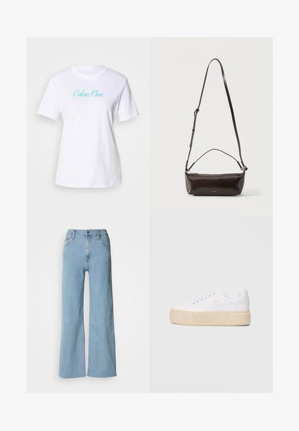 Weißes Baumwoll-T-Shirt mit kurzen Ärmeln und Rundhalsausschnitt, mit einem hellblauen "Calvin Klein"-Logo auf der Brust.; Hellblaue weite Jeans aus Denim, mit einer enganliegenden Taille, Fünf-Taschen-Design und dezenten Nähdetails.; Weiße Leinenschuhe mit einer massiven beigefarbenen Plattformsohle, die ein dezentes gesticktes Logo an der Seite und ein klassisches Schnürdesign aufweisen.; Kleine glänzende dunkelbraune Leder-Schultertasche mit verstellbarem Riemen, Tragegriff oben und goldfarbenem Reißverschluss.