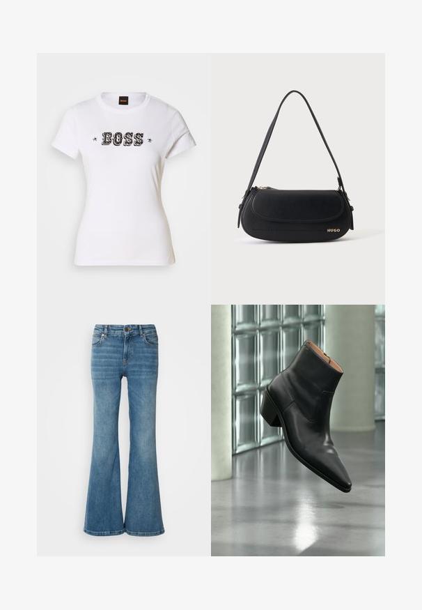 T-shirt en coton blanc avec col rond, arborant un logo "BOSS" en noir et des accents d'étoiles dans un design graphique audacieux. Manches courtes et coupe standard.; Jean évasé bleu clair en denim, doté de cinq poches, de coutures visibles, et d'une fermeture à bouton et à zip à la taille.; Bottine en cuir noir avec un bout pointu et un talon carré lévitant au-dessus d'un sol gris réfléchissant près d'un mur en blocs de verre.; Sac à épaule en cuir noir avec rabat incurvé, logo doré "HUGO" sur le devant, et une bandoulière réglable.