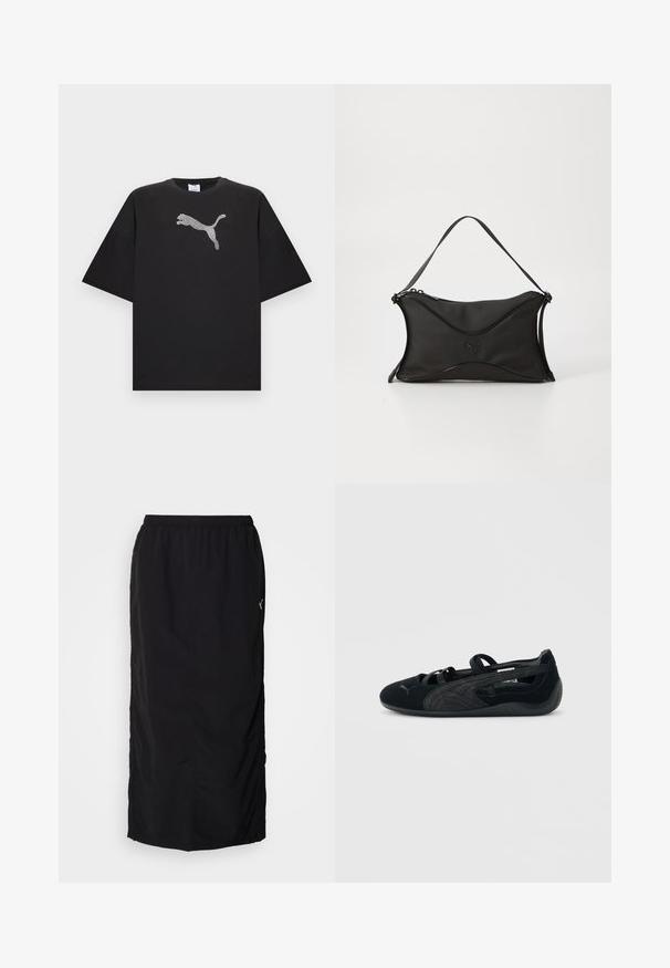 T-shirt noir oversize à manches courtes, avec un grand logo Puma blanc au centre devant.; Jupe de sport noire avec une taille élastique, dotée de fentes latérales pour faciliter les mouvements et d'un minimum de détails de marque sur le côté droit.; Ballerine en daim noir avec brides croisées, détail texturé sur le côté et semelle en caoutchouc basse.; Sac à main noir en matériau doux et texturé. Présente un design ondulé, une bandoulière unique et un détail logo subtil à l'avant.