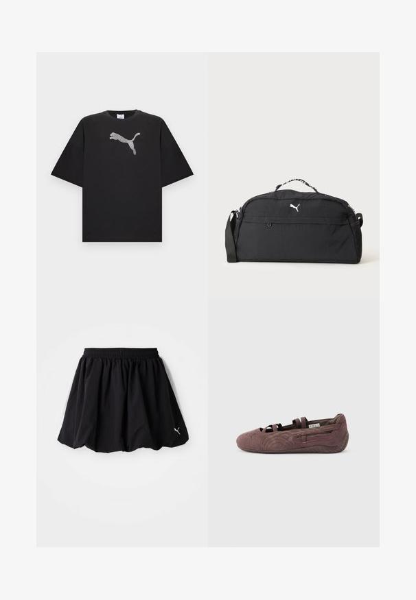 T-shirt noir oversize à manches courtes, avec un grand logo Puma blanc au centre devant.; Jupe de sport noire avec une taille élastique, ornée de panneaux blancs sur les côtés et d'un petit logo au bas. Fabriquée en tissu léger.; Ballerine plate en suède marron avec des lanières élastiques et une semelle texturée, vue de profil sur un fond clair uni.; Sac de sport noir Puma avec logo blanc, poignée supérieure, bandoulière réglable et poches latérales en mesh sur fond uni.