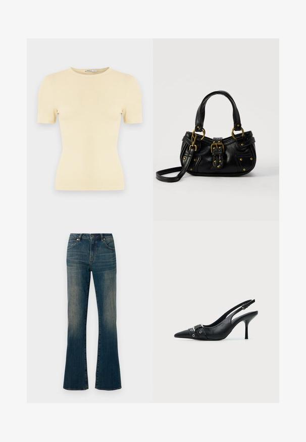 T-shirt jaune pâle côtelé à manches courtes avec un col rond et une coupe ajustée, présentant une texture douce et un design minimaliste.; Jeans en denim bleu évasés avec une finition légèrement décolorée, design à cinq poches, fermeture à bouton et détails cousus le long des coutures.; Escarpin slingback à talon haut en cuir noir avec bout pointu, boucle et détail de bride œillet à l'avant.; Sac à main en cuir noir avec boucle dorée et détails à rivets, poignées courtes et bandoulière réglable sur fond blanc uni.