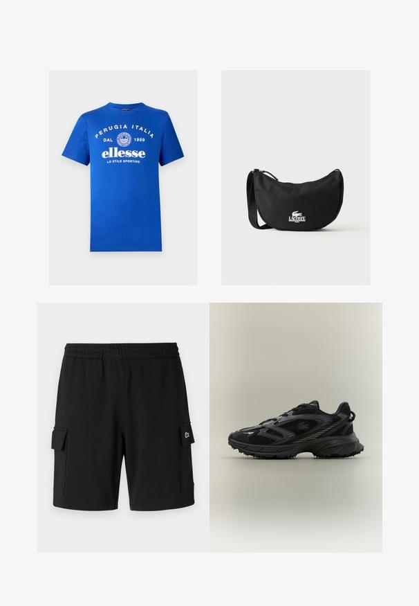 Μπλε βαμβακερό T-shirt με λευκό κείμενο που αναγράφει "ΠΕΡΟΥΤΖΙΑ ΙΤΑΛΙΑ", "ellesse" και ένα κυκλικό λογότυπο. Κανονική εφαρμογή, κοντά μανίκια, σχέδιο με στρογγυλή λαιμόκοψη.; Μαύρες βερμούδες από μαλακό ύφασμα, με ελαστική μέση, δύο πλαϊνές τσέπες cargo και ένα μικρό λογότυπο σε μία τσέπη.; Μαύρο αθλητικό παπούτσι με πάνελ από δίχτυ, υφασμάτινη σόλα, κορδόνια και καμπυλωτή σιλουέτα με ασημί λεπτομέρειες στα πλάγια.; Μαύρη τσάντα ώμου Lacoste με καμπυλωτό σχήμα, ρυθμιζόμενο ιμάντα και λευκό ανάγλυφο λογότυπο κροκόδειλου πάνω από το όνομα της μάρκας στο μπροστινό μέρος.
