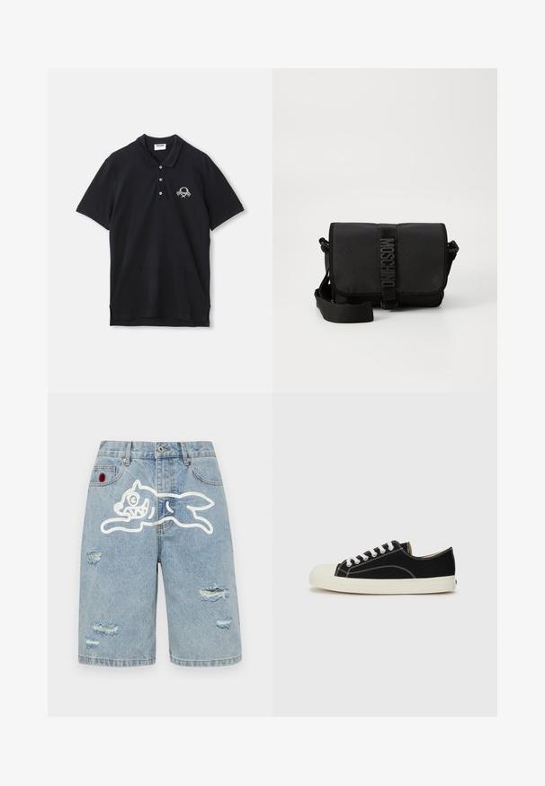 Schwarzes Poloshirt aus Baumwolle, mit einer Knopfleiste mit drei Knöpfen, kurzen Ärmeln und einem dekorativen gestickten Logo auf der Brust.; Icecream RUNNING DOG - Jeans Shorts - heavy wash blue; Schwarze Leinensneaker mit weißen Nähten, einer abgerundeten Gummikappe und weißen Schnürsenkeln. Verfügt über ein strukturiertes Obermaterial aus Stoff und eine beigefarbene Sohle.; Schwarze Nylon-Crossbody-Tasche mit Klappe, ausgestattet mit einem auffälligen Logo-Gurtverschluss, verstellbarem Tragegurt und seitlichen Steppnähten.