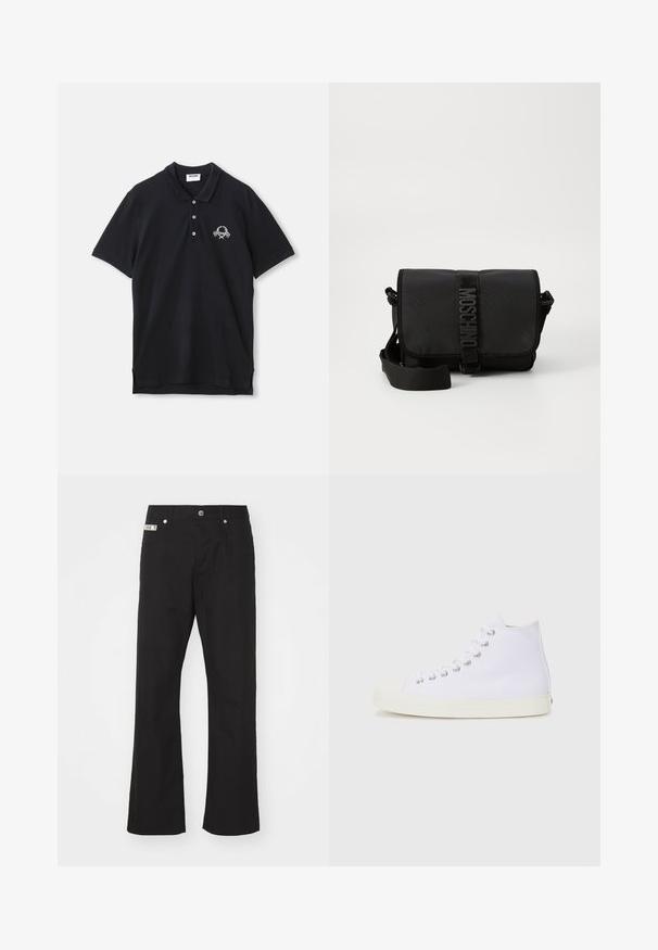 Polo shirt noir en coton, avec un col à trois boutons, des manches courtes et un logo décoratif brodé sur la poitrine.; Pantalons en coton noir avec une coupe droite, dotés d'une fermeture à bouton à l'avant, de deux poches latérales et d'une petite étiquette de marque sur la taille.; Baskets montantes blanches en toile avec bout rond, œillets en métal et semelle en caoutchouc crème. Texture lisse avec des détails de design minimalistes.; Sac bandoulière noir en nylon avec rabat, doté d'une fermeture à bande logo proéminente, d'une bandoulière réglable et de détails de surpiqûres sur les côtés.