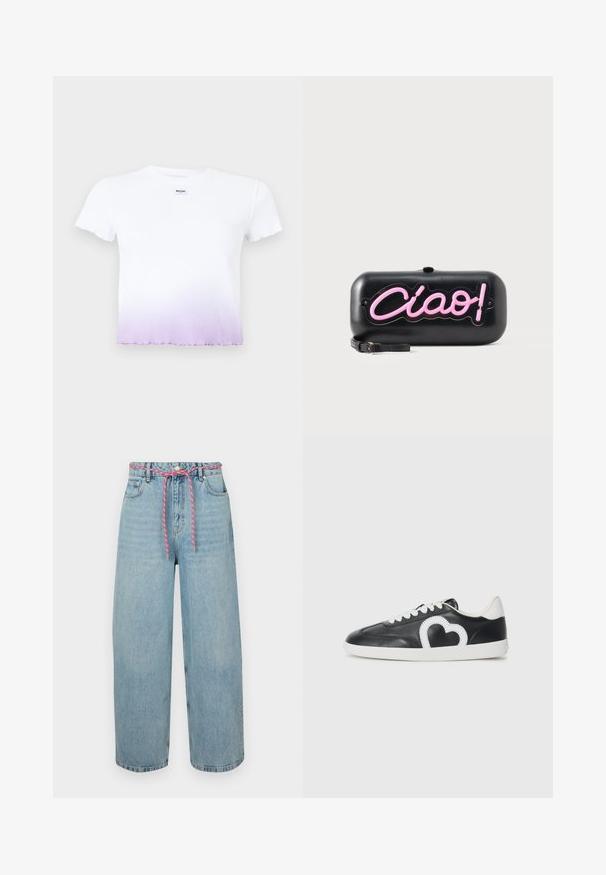 Λευκό κοντομάνικο ριμπ crop top με διακριτικό μοβ βαθμιαίο χρώμα στο τελείωμα και μικρή ετικέτα Moschino στο στήθος.; Ανοιχτό μπλε τζιν παντελόνι σε φαρδιά γραμμή με ψηλή μέση, διαθέτει ροζ υφασμάτινο κορδόνι και πέντε τσέπες. Αυθεντική ξεθωριασμένη υφή.; Μαύρο χαμηλό sneaker με λευκά κορδόνια, λευκή σόλα και λευκό σχέδιο σε σχήμα καρδιάς στο πλάι.; Μαύρο ορθογώνιο τσαντάκι χειρός με ροζ φωτεινά γράμματα "Ciao!" σε στυλ νέον και μικρό μαύρο λουράκι καρπού σε λευκό φόντο.