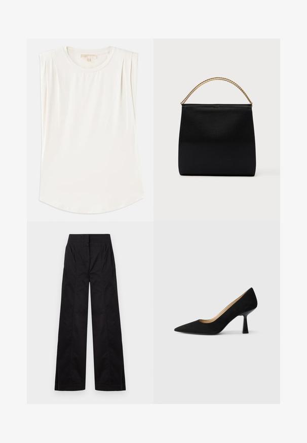 Top sans manches blanc en tissu lisse, avec un col rond et de légères plis aux épaules, et un ourlet incurvé.; Pantalon noir taille haute à jambes larges avec des détails de coutures frontales et des poches latérales, présenté sur un fond clair uni.; Pompe à talons hauts en suède noir avec un bout pointu, dotée d'un talon bloc noir brillant et d'une doublure intérieure lisse.; Sac noir en tissu lisse, présentant une forme structurée, une poignée en chaîne dorée et un design géométrique minimaliste.