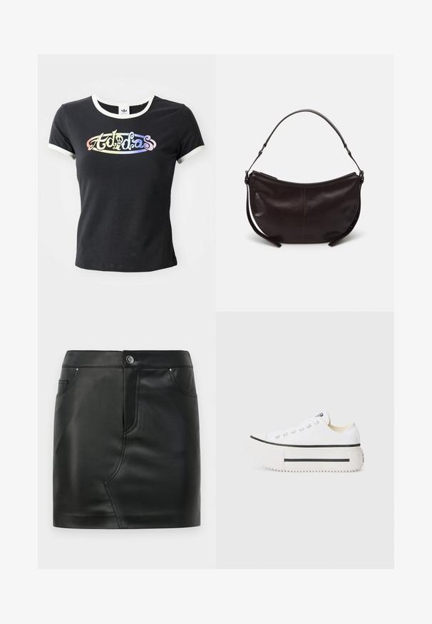 Schwarzes Baumwoll-T-Shirt mit weißem, geripptem Kragen und Ärmeln. Auf der Vorderseite befindet sich ein farbenfrohes, stilisiertes "Adidas"-Logo.; Schwarzer MINI ROCK aus Kunstleder mit vorderem Knopf, Reißverschluss, vorderen und hinteren Taschen sowie Nahtdetails.; Weiße Canvas-Plattform-Sneaker mit schwarzer Gummisohle, runder Zehenkappe und Metallösen, die ein einfaches, klares Design aufweisen.; Dunkelbraune Leder-Schultertasche mit gebogener Form, glatter Textur und einem verstellbaren Tragegurt. Verfügt über einen Reißverschluss.