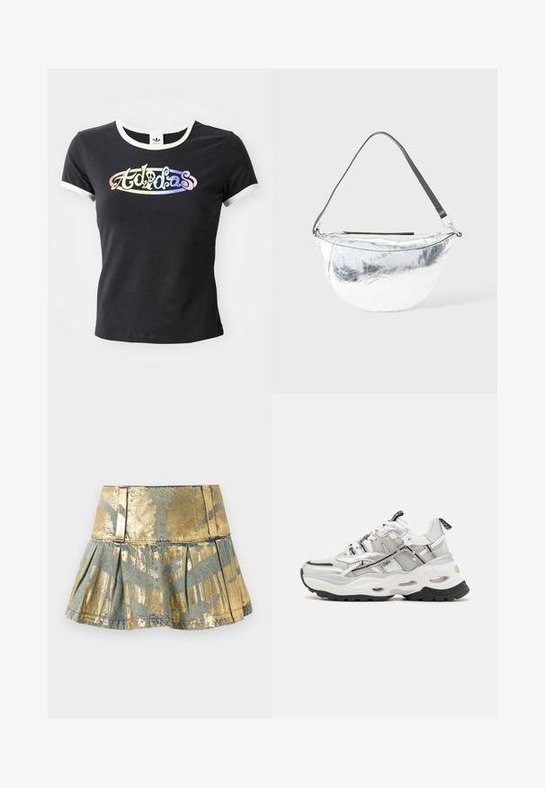 Camiseta de algodón negra con cuello y mangas de canalé blancas. Presenta un logotipo "Adidas" colorido y estilizado en la parte frontal.; Falda de mezclilla plisada en dorado y azul verdoso con un acabado brillante, que presenta una cinturilla ajustada y detalles de costura en contraste.; Zapatilla deportiva blanca y gris con materiales de malla y sintéticos, suela gruesa, banda de rodadura negra prominente y diseño con cordones que presenta acentos.; Bolso plateado en forma de media luna con una correa de hombro ajustable negra y cierre de cremallera sobre un fondo claro.