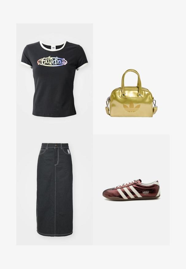 Camiseta de algodón negra con cuello y mangas de canalé blancas. Presenta un logotipo "Adidas" colorido y estilizado en la parte frontal.; Falda midi de mezclilla negra con rayas verticales blancas. Presenta una cintura con botones, dos bolsillos delanteros y costuras de contraste. Diseño ajustado recto.; Zapatilla Adidas burdeos metálico de perfil bajo con rayas blancas, cordones y marca "Adidas Tokyo" en el lateral.; Bolso de mano metálico dorado con doble asas superiores, cierre de cremallera y correa de hombro desmontable. Presenta un logo en relieve en la parte frontal y una textura suave.