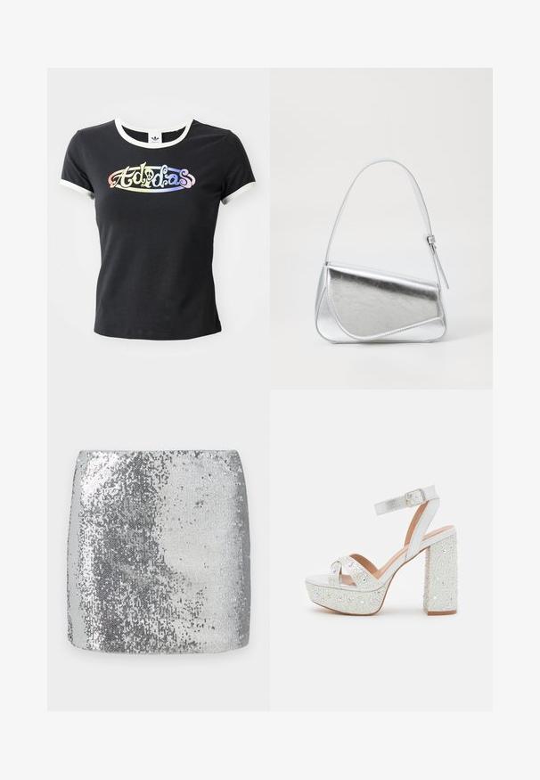 Camiseta de algodón negra con cuello y mangas de canalé blancas. Presenta un logotipo "Adidas" colorido y estilizado en la parte frontal.; Mini falda plateada con lentejuelas que presenta un diseño ajustado y una textura suave, reflejando la luz en su superficie para una apariencia brillante.; Sandalias de plataforma blancas con un acabado metálico, que presentan dos correas cruzadas, una correa en el tobillo y un tacón cuadrado adornado con gemas brillantes.; Bolso de mano metálico plateado con forma triangular, textura suave y una fina correa de hombro ajustable. Presenta un diseño plegable con costuras.