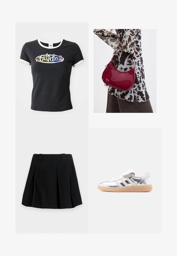 Schwarzes Baumwoll-T-Shirt mit weißem, geripptem Kragen und Ärmeln. Auf der Vorderseite befindet sich ein farbenfrohes, stilisiertes "Adidas"-Logo.; Schwarzer plissee Rock mit Taillenbund und Knopfdetail, knielang, aus glattem Stoff, vor einfachem hellem Hintergrund dargestellt.; Silberner metallic Adidas Spezial Sneaker mit weißen Streifen und Gummisohle, von der linken Seite auf einem schlichten weißen Hintergrund gezeigt.; Frau trägt eine schwarz-weiß gemusterte Bluse und hält eine glänzende rote Schultertasche vor einem einfarbigen Hintergrund.