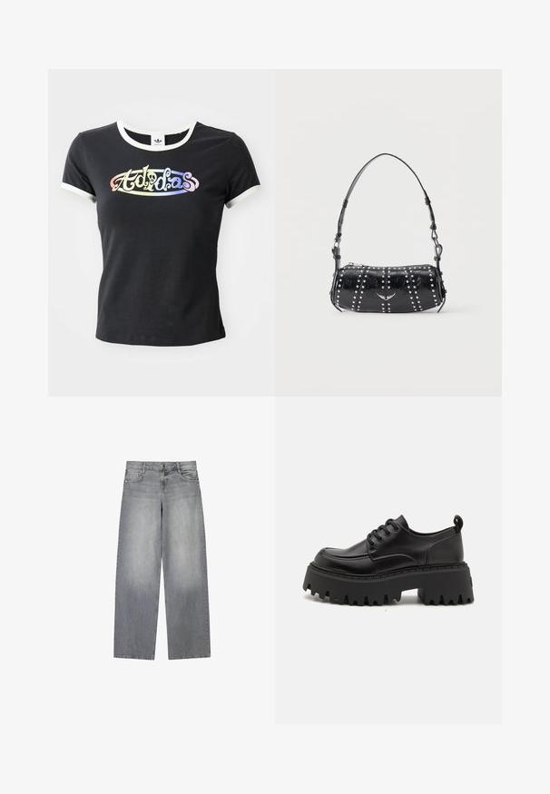 Schwarzes Baumwoll-T-Shirt mit weißem, geripptem Kragen und Ärmeln. Auf der Vorderseite befindet sich ein farbenfrohes, stilisiertes "Adidas"-Logo.; Graue Denim-Jeans mit weitem Bein und leicht ausgewaschenem Finish, ausgestattet mit fünf Taschen, einem frontalen Knopfverschluss und Gürtelschlaufen.; Schwarze Leder-Plateauschuhe mit einer massiven, geriffelten Gummisohle und sechs Ösen. Sie verfügen über eine abgerundete Zehenpartie und eine Fersenschlaufe für ein einfaches Anziehen.; Schwarze Schultertasche aus Lackleder mit silbernen Nieten in vertikalen Reihen und einem kleinen silbernen Vogel-Emblem in der Mitte vorne.