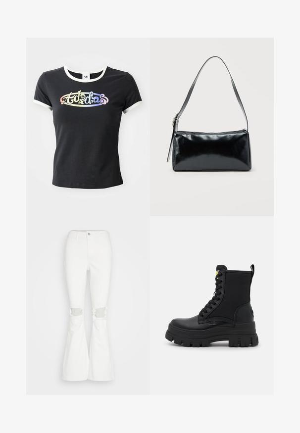 Schwarzes Baumwoll-T-Shirt mit weißem, geripptem Kragen und Ärmeln. Auf der Vorderseite befindet sich ein farbenfrohes, stilisiertes "Adidas"-Logo.; Hollister Co. CURVY - Flared Jeans - white; Schwarze High-Top-Stiefel aus einer Kombination von Leder und Stoff, mit dicker Gummisohle, Schnürung vorne und einem gelben Tag am Kragen.; Schwarze rechteckige Schultertasche mit einem verstellbaren Riemen und einem oberen Reißverschluss vor einfachem Hintergrund.