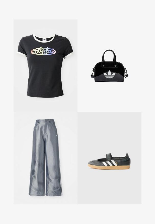 Camiseta de algodón negra con cuello y mangas de canalé blancas. Presenta un logotipo "Adidas" colorido y estilizado en la parte frontal.; Pantalones de pierna ancha en material gris brillante, con rayas laterales blancas y un patrón de llamas en la parte inferior de las piernas. Cierre con botón y cremallera en la cintura.; Zapatilla de deporte de cuero negro y ante con una correa de Velcro, que presenta tres rayas blancas y una suela de goma, etiquetada "SAMBA" en el lateral.; Bolso de mano de charol negro con forma redondeada, dos asas en la parte superior, acentos plateados y un prominente logotipo blanco en la parte delantera.