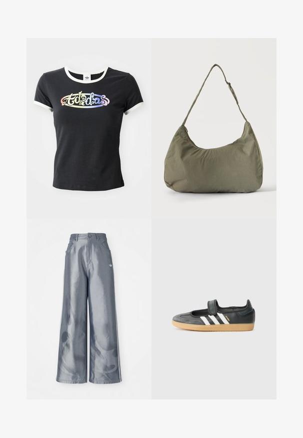 Čierne bavlnené tričko s bielym rebrovaným golierom a rukávmi. Obsahuje farebný, stylizovaný logotyp "Adidas" na prednej strane.; Široké nohavice z lesklého šedého materiálu, s bielymi bočnými pruhmi a plamenným vzorom na dolnej časti nohavíc. Zapínanie na gombík a zips v páse.; Čierne kožené a zamšové tenisky s Velcro pásikom, s tromi bielymi pruhmi a gumenou podrážkou, označené nápisom "SAMBA" na boku.; Olivovo zelená mäkká látková taška cez rameno so zipsovým uzáverom a nastaviteľným popruhom na svetlom jednofarebnom pozadí.