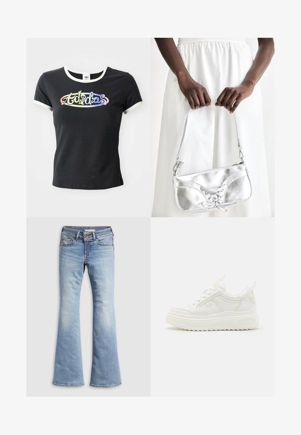Sort bomulds T-shirt med hvid ribbet krave og ærmer. Har et farverigt, stiliseret "Adidas" logo på forsiden.; Lyseblå vidde jeans lavet af denim. Har knaplukning, fem lommer og falmet tekstur med sømløse kanter.; Hvide lædersneakers med en kraftig sål, snørebåndsdesign og subtil branding. Har en glat overflade og rund tå.; Sølvmetallic håndtaske med snøredetaljer, der har et slankt design og en kort strop. Tasken holdes i hænderne for at fremvise dens tekstur.