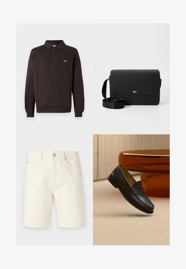 Camisa polo de manga larga marrón hecha de tejido texturizado, con un pletina de tres botones y un pequeño logo de Lacoste en el pecho.; Pantalones cortos de mezclilla en color beige claro con un corte clásico, que presentan bolsillos frontales, trabillas para el cinturón y cierre de botón. Textura suave con un color sólido.; Zapato mocasín de cuero negro suspendido sobre una alfombra beige con muebles modernos de color ámbar en el fondo.; Bolso cruzado de cuero negro con una textura suave, tapa frontal, acento con logo plateado y correa de tela ajustable.