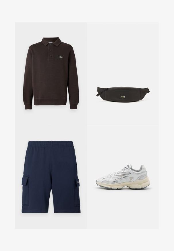 Brun langærmet polo shirt lavet af tekstureret stof, med en tre-knaps placket og et lille Lacoste-logo på brystet.; Marineblå cargoshorts lavet af blødt stof, med elastisk taljebånd, to sidelommer og et lille logo på venstre lomme.; Hvide sportssko med grå detaljer, overdel i mesh og syntetiske materialer, snørebåndsdesign og tekstureret gummisål med grebemønstre.; Sort nylon bæltetaske med en glat overflade, lynlås lukning og et lille grønt Lacoste krokodille logo på forsiden. Designet til let transport.