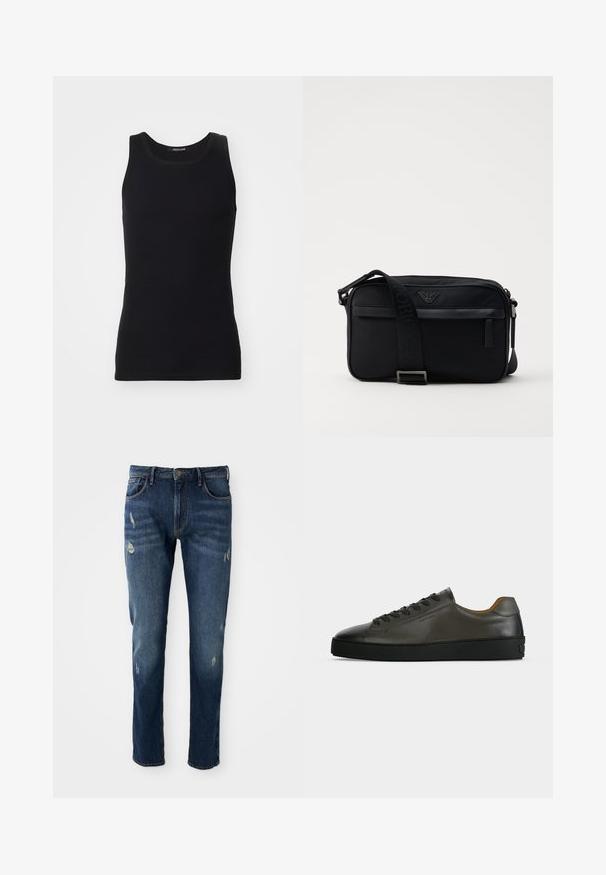 Débardeur noir en matériau lisse et extensible. Doté d'un col rond et sans manches, avec une coupe ajustée et un design simple.; Jean en denim bleu foncé avec coupe ajustée, légèrement abîmés aux cuisses et aux genoux, design classique à cinq poches et fermeture par bouton.; Basket basse en cuir gris foncé avec lacets et semelle noirs, design minimaliste, profil latéral sur un fond clair uni.; Sac à bandoulière en nylon noir avec une sangle contrastante, une forme rectangulaire élégante, un détail de logo et une poche zippée à l'avant.