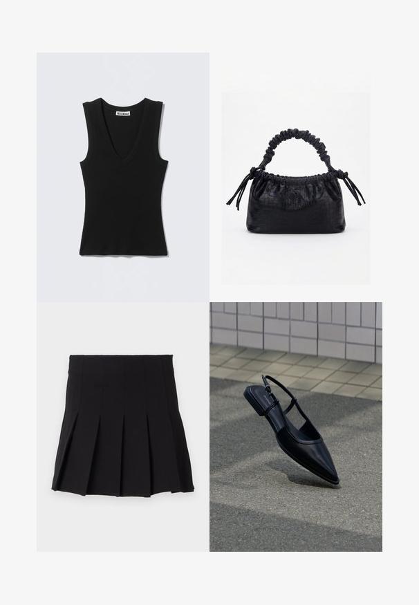 Haut noir sans manches en tricot côtelé avec col en V et étiquette "WEEKDAY" à l'intérieur du col, présenté à plat sur un fond gris clair.; Jupe plissée noire avec une taille ajustée, fabriquée à partir d'un tissu lisse. Présente de multiples plis verticaux pour une silhouette structurée.; Chaussure plate noire à bout pointu avec bride arrière, flottant au-dessus d'une surface en bitume à côté d'un trottoir carrelé.; Sac à main noir avec texture crocodile, bord supérieur froncé, poignée plissée et pompons à cordon de chaque côté sur fond blanc.