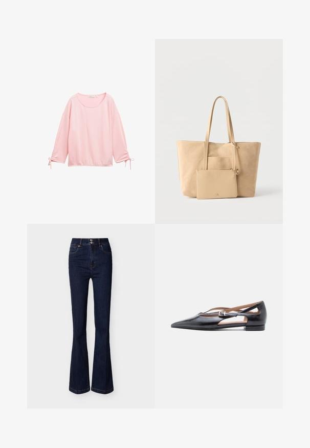 Roze longsleeve top met een gestructureerd, geribbeld ontwerp. Beschikt over een ronde halslijn en gatheringdetails bij de polsen met strikjes.; Donkerblauwe denim jeans met hoge taille en uitlopende pijpen, voorzakken en een dubbele knoopsluiting aan de taille.; Zwarte leren platte schoenen met een puntige neus, open zijkanten en een klein enkelbandje met een zilveren gespaccent.; Beige suède totebag met lange handvatten en bijpassend ritsvakje, afgebeeld op een effen witte achtergrond.