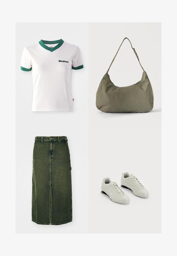 Valge lühikeste varrukatega T-särk rohelise V-kaeluse ja varrukate äärapitsidega; vasakul rinnal tumeroheline "Dickies" logo. Siledast puuvillasest materjalist.; Roheline teksaseelik keskmise pikkusega, esiseeliku ja nööbisahtliga, samuti vöökohaga. Selle tekstuur on veidi kulunud, külgedel on taskud.; Valged Nike jooksujalatsid tekstuurse ülemise osaga, koos siledast materjalist varbakatte ja mustade pehmendustega. Kinnitatavad nööbid, tugevdatud konts.; Õlakott pehmest oliivrohelisest kangast, lukuga sulgemine ja reguleeritav rihm, ühtlasel heledal taustal.