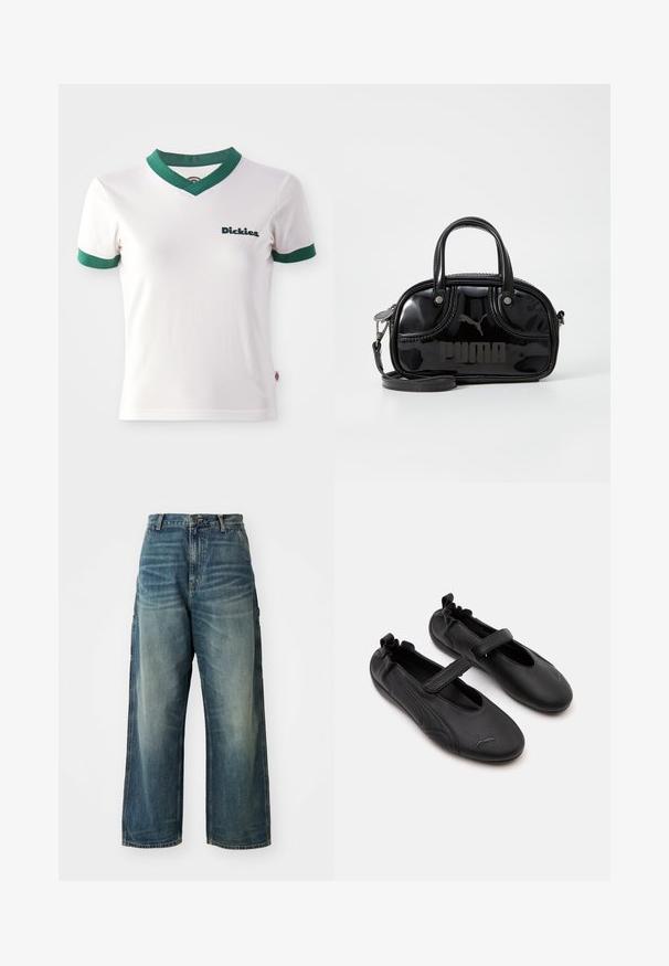 Witte T-shirt met korte mouwen en groene V-hals en mouwafwerking; voorzien van het "Dickies" logo in donkergroen op de linkerkant van de borst. Gladde katoenen textuur.; Wijd uitgesneden denim jeans in een vervaagde blauwe wassing. Bevat een knoopsluiting, vijf zakken en zichtbare stiksels. Materiaal heeft een zachte textuur.; Paar zwarte leren Mary Jane schoenen met elastische achterkant en klittenbandsluiting, met een subtiel Puma-logo op elke teen.; Zwarte lakleren handtas met dubbele handvatten aan de bovenkant, afneembare schouderriem, ronde vorm en opvallend gegraveerd "PUMA" logo.
