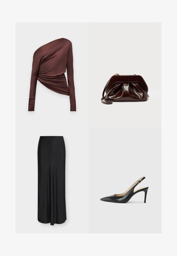 Haut asymétrique marron foncé à manches longues avec une épaule dégagée et un détail de tissu froncé sur un fond uni.; Jupe longue en satin noir avec une silhouette lisse, légèrement évasée et une taille haute, présentée sur un fond clair.; Escarpins en cuir noir avec une pointe fine, une bride ajustable et un talon aiguille élégant, présentant une finition lisse.; Pochette en cuir brillant marron foncé avec un design plissé et une fine lanière pour poignet sur fond blanc.