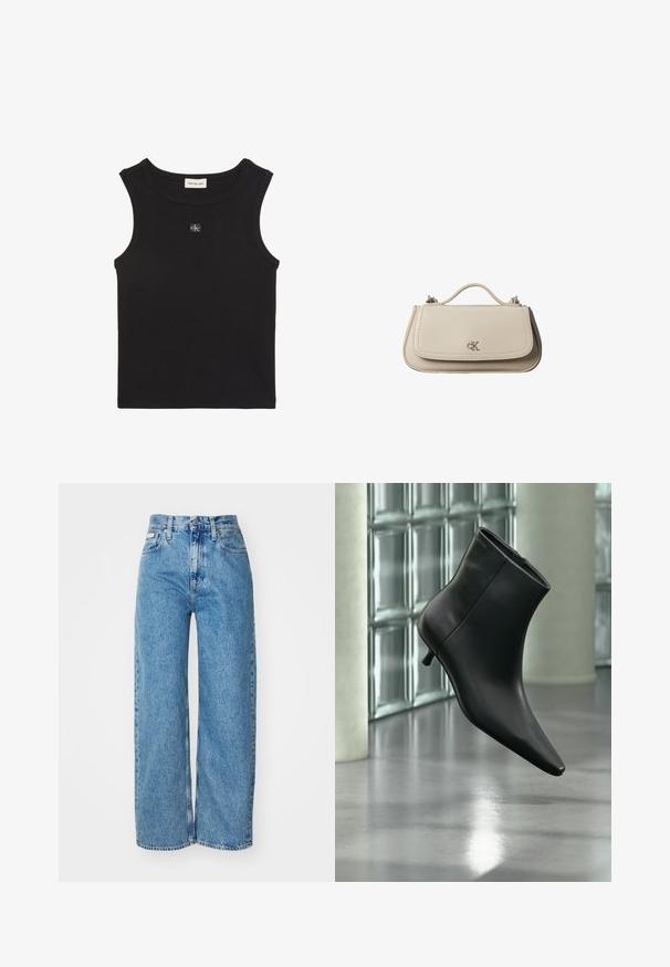 Zwart mouwloos geribd tanktopje met ronde halslijn en klein Calvin Klein logo patch in het midden op de borst.; Lichtblauwe denim wijde jeans met hoge taille, rafelrand en vijf zakken. De verslete textuur voegt diepte toe aan de stof.; Zwarte leren enkellaars met spits toelopende neus en lage kittenhak, schuin weergegeven tegen een gepolijste vloer en een glazen blokken muur als achtergrond.; Kleine beige leren handtas met bovenhandvat en zilveren CK-logo op de voorflap, getoond tegen een witte achtergrond.