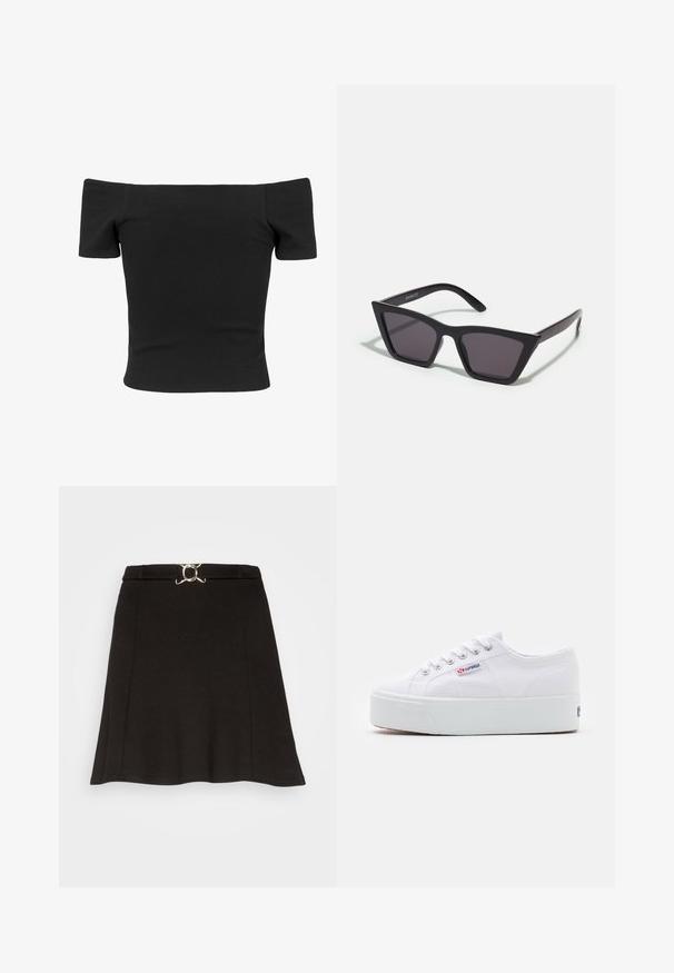 Čierny rebrovaný top bez ramienok s krátkymi rukávmi, priliehavý strih, hladká textúra a čistý, jednoduchý dizajn.; Even&Odd by Zalando Minisukňa - black; Biele plátenné tenisky s hrubou bielou platformou, okrúhlou špičkou a kovovými očkami na šnúrky. Logo značky zobrazené na boku.; Čierne, ostré slnečné okuliare so sivými sklami; vyrobené z plastu, majú hrubé ramená s hladkým povrchom a bez viditeľnej mechaniky.