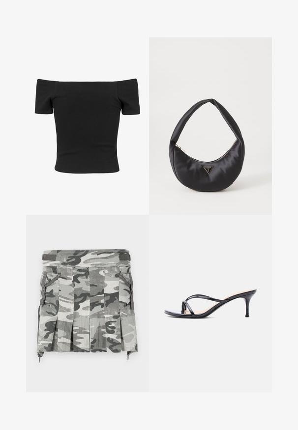 Haut noir à bretelles dénudées, à manches courtes, à coupe ajustée, texture lisse et design épuré et simple.; Jupe à motif camouflage dans des nuances de gris et de noir, avec des plis, deux poches latérales et une fermeture éclair à l'ourlet.; Sandale à talon en cuir verni noir avec fines lanières croisées et talon aiguille moyen et élancé sur fond blanc.; Sac à main en satin noir avec une forme courbée, doté d'une fermeture à glissière et d'un logo triangulaire en métal à l'avant. Texture lisse et design épuré.