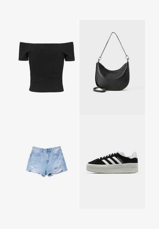Schwarzes, gerippte, schulterfreies Top mit kurzen Ärmeln, figurbetonter Form, glatter Textur und einem klaren, schlichten Design.; Helle blaue Jeansshorts mit fransigen Säumen und distressierten Details, ausgestattet mit Fronttaschen und einem Knopfverschluss.; Schwarze Wildleder-Sneaker mit weißen Lederakzenten, drei weißen Streifen, flachen Schnürsenkeln und einer dicken grauen Plateausohle. Goldenes "Gazelle"-Branding.; Schwarze geflochtene Handtasche mit geschwungener Form, einem Reißverschluss und einem langen verstellbaren Trageriemen. Die strukturierten Oberflächen verleihen ihr ein detailliertes Erscheinungsbild.