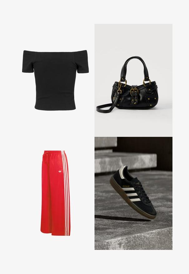 Top negro acanalado sin hombros con mangas cortas, forma ajustada, textura suave y un diseño limpio y sencillo.; Pantalones deportivos rojos hechos de material ligero, con un diseño de pierna ancha, cintura elástica, cordón ajustable y tres rayas blancas en cada lado.; Zapatilla negra de Adidas con rayas blancas y suela de goma flotando sobre escalones de concreto gris a la luz natural.; Bolso de cuero negro con hebilla y detalles de remaches dorados, asas cortas y una correa de hombro ajustable sobre un fondo blanco liso.