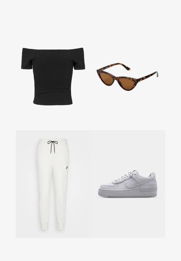 Sort ribbet off-shoulder top med korte ærmer, tætsiddende form, glat tekstur og et rent, enkelt design.; Hvide sweatpants lavet af blødt stof, med en elastisk talje, justerbar sort snor og et lille sort logo på låret.; Grå Nike Air Force 1 sneakers med perforeret tå, glat læderoverdel, tyk sål og præget 'AIR' detalje på hælen.; Kat-ejede solbriller med en sort og orange skildpaddemønstret stel, brune linser og slanke, spidse ender. Har et minimalistisk logo på skabelsen.