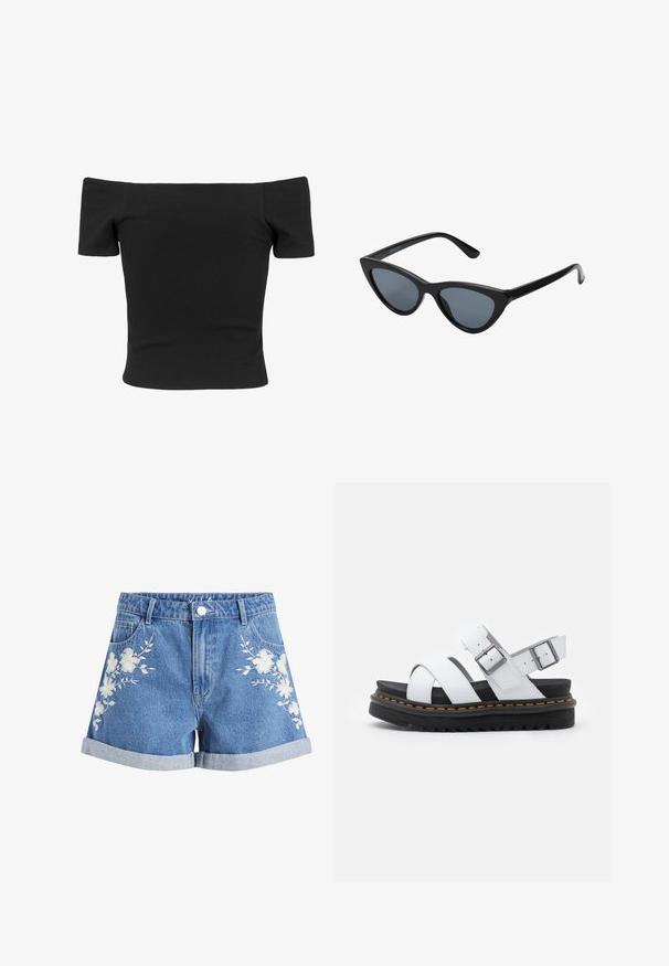 Zwarte geribbelde off-the-shoulder top met korte mouwen, getailleerde vorm, gladde textuur en een schoon, eenvoudig ontwerp.; Blauwe denimshorts met opgerolde boorden en witte bloemrijke borduur op beide voorzijdes, met riemlussen en voorzakken.; Witte leren sandalen met verstelbare gespsluitingen, gelaagde zwarte plateauzool en oranje stiksel langs de rand.; Zwarte cat-eye zonnebril met donkergrijze lenzen, slank plastic frame, puntige hoeken en rechte pootjes. Geen zichtbare hardware of accenten.