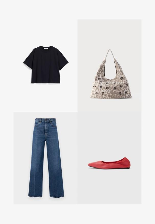 Mørkeblå kortærmet t-shirt lavet af blød bomuld, med en afslappet pasform, rund halsudskæring og minimalistisk design. Ingen synlige mønstre eller accenter.; Bredbenede blå jeans lavet af denim med høj talje, forlommer og kontraststing. Stoffet har en glat tekstur.; Filippa K REY FLATS - Ballerinasko - bright red; Beige leopardprint håndtaske med sorte metaløjer spredt på forsiden og et enkelt topgreb mod en ensfarvet baggrund.