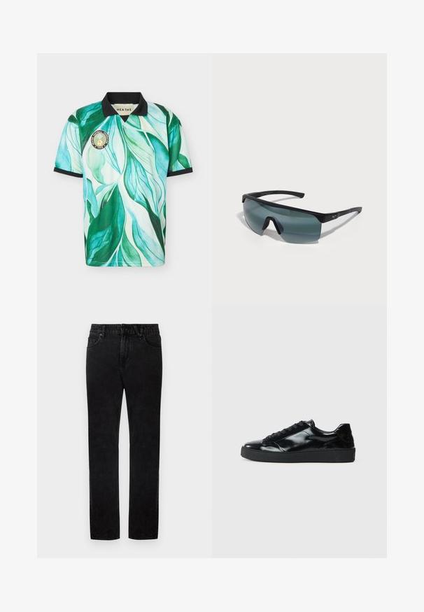 Maillot de football à manches courtes avec motif de feuilles vertes et bleues, col noir et bordures aux manches, et un écusson rond de l'équipe sur la poitrine.; Jean en denim noir avec une coupe droite, doté de passants pour ceinture, de poches avant et d'une fermeture par bouton. La texture est lisse avec une légère élasticité.; Baskets en cuir verni noir avec un bout arrondi, un laçage, une semelle en caoutchouc texturé et une finition lisse.; Lunettes de sport avec une monture noire, de grandes verres gris et un design enveloppant. Présente un pont nasal proéminent et des branches texturées.