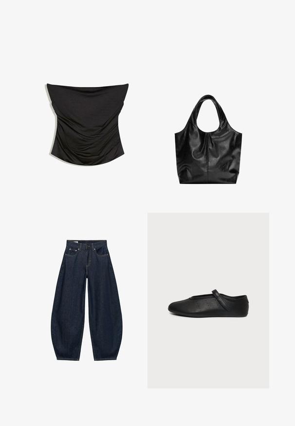 Corset noir en satin froncé sans bretelles avec un décolleté droit et une silhouette ajustée sur fond blanc.; Jean en denim bleu foncé à jambes larges avec poches avant, passants de ceinture et fermeture par bouton à la taille.; Chaussure plate Mary Jane en cuir noir avec une bride unique et de petits points perforés sur le côté, présentée sur un fond gris clair uni.; Sac fourre-tout en cuir noir avec une texture lisse, un haut arrondi doux et de larges poignées. Présente une couture minimale et une silhouette décontractée.