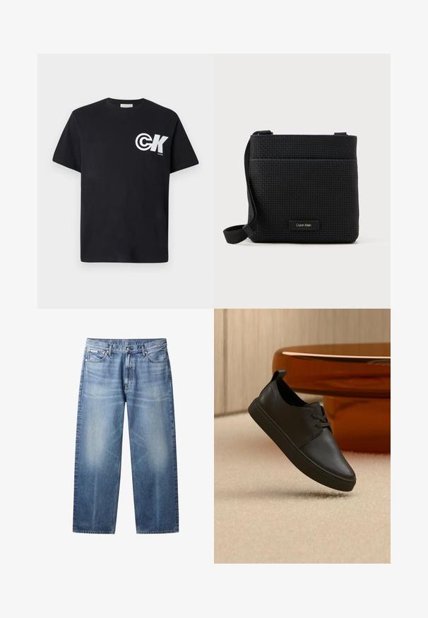 Zwarte katoenen T-shirt met korte mouwen, voorzien van een groot wit logo op de linker borst en een ronde crewneck.; Lichtblauwe rechte jeans met vervaagde plekken, vijf zakken, knoopsluiting en Calvin Klein-label op de rechter voorzak.; Zwarte leren casual sneaker met veters, zwevend boven een beige tapijt, met een amberen glazen ronde tafel op de achtergrond.; Zwarte geweven schoudertas met een verstelbare schouderband, voorzien van een voorzak en een klein merkembleem. Glad, getextureerd oppervlak.