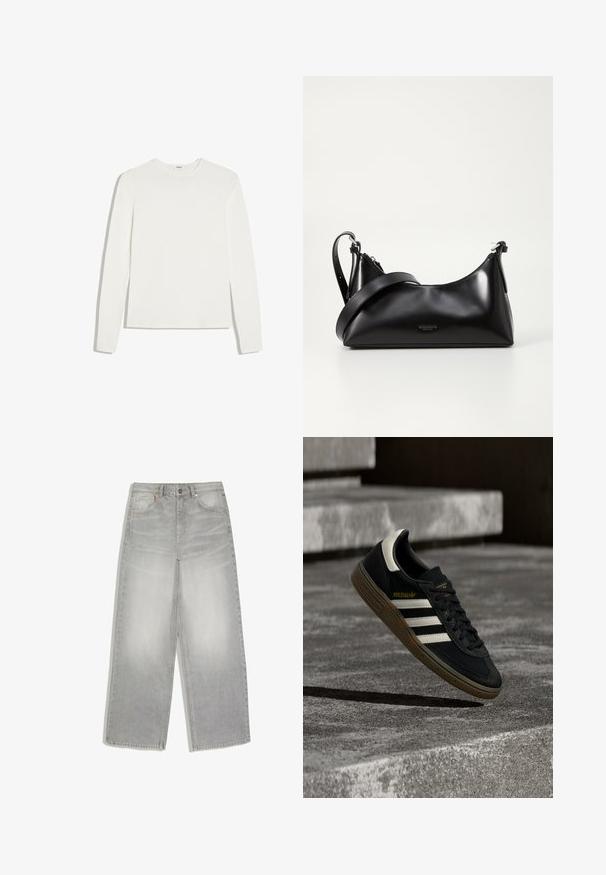 Enkelt hvid langærmet rundhalset skjorte med slank pasform, lagt fladt på en hvid baggrund.; Lysegrå jeans med vide ben, forlommer og knaplukning, lagt fladt på en hvid baggrund.; Sort Adidas-sneaker med hvide striber og gummisåler, svævende over grå betontrapper i naturligt lys.; Sort læderhåndtaske med en glat tekstur. Har en justerbar stropp og et enkelt, minimalistisk design med lynlås.
