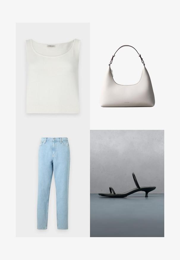 Top sans manches blanc en tissu tricoté avec un col en scoop et un ourlet côtelé. Présente le logo « GUESS JEANS » en relief sur le devant.; Jeans en denim bleu clair avec une coupe droite, design à cinq poches et fermeture à bouton. Présente un léger dégradé et une texture lisse.; Sandale à talon Calvin Klein noire avec des lanières fines, posée sur des carreaux en bois en plein air près d'un mur et de la verdure.; Sac à bandoulière en cuir couleur crème de Calvin Klein avec bord supérieur incurvé, fermeture éclair argentée et sangle ajustable brun foncé.